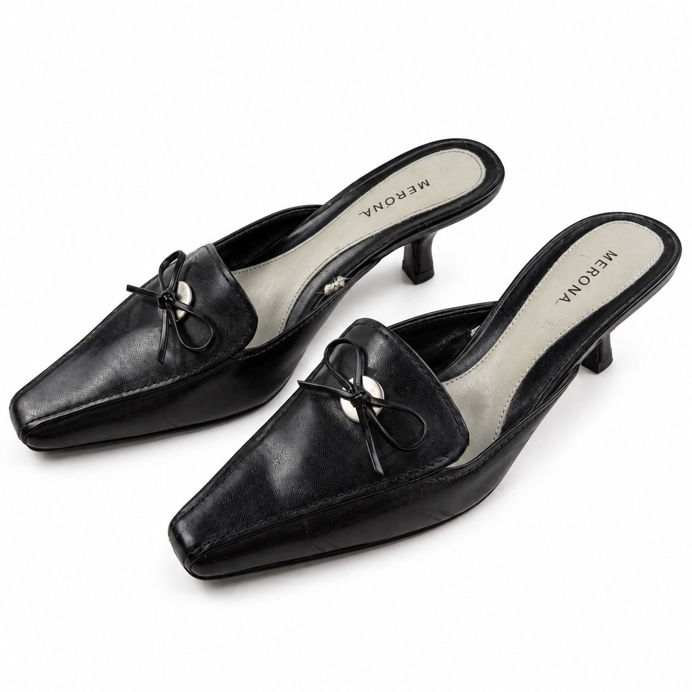 Merona Vintage Y2K Black Leather Pointed Toe Kitten Heel Mules Women's Size 7